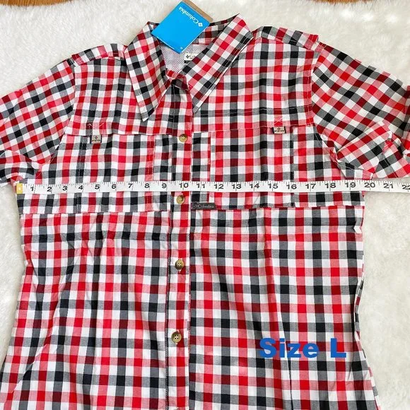 Columbia, Women's PFG Bonehead Short Sleeve Shirts, Red/Black Plaid, Size L / XL - Picture 7 of 12